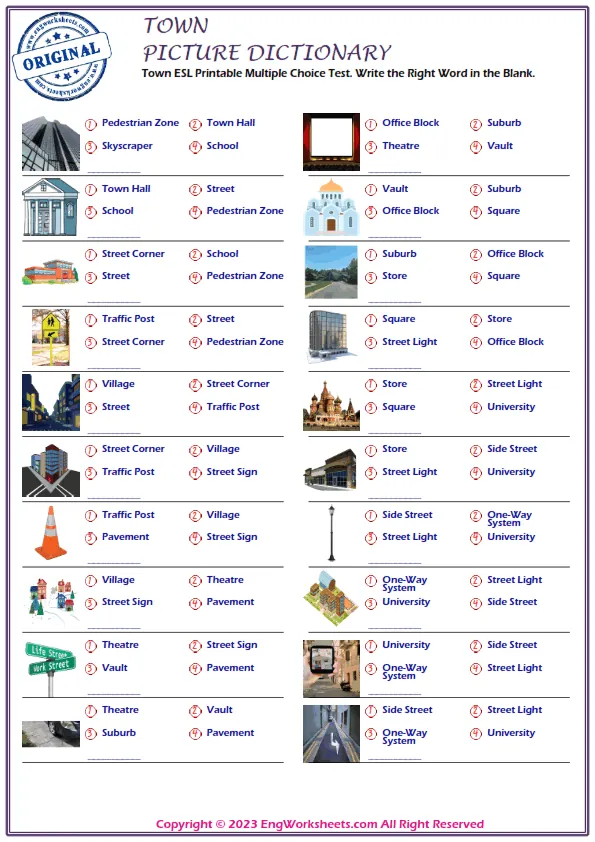 Town ESL Printable Multiple Choice Test. Write the Right Word in the Blank.