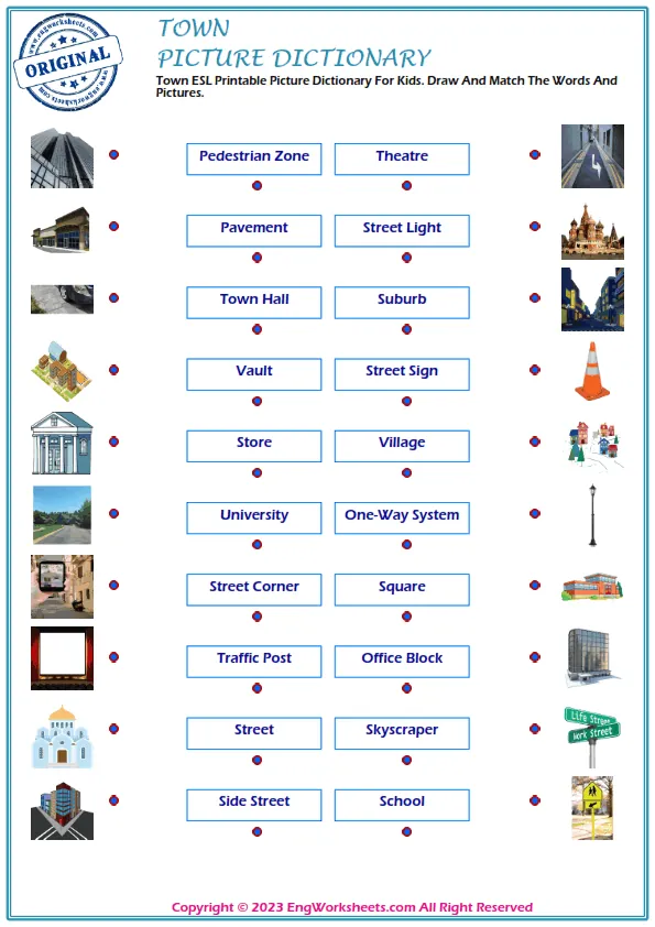 Town ESL Printable Picture Dictionary For Kids. Draw And Match The Words And Pictures.
