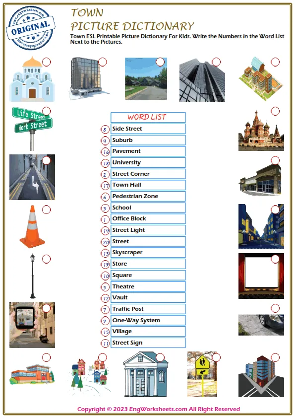 Town ESL Printable Picture Dictionary For Kids. Write the Numbers in the Word List Next to the Pictures.