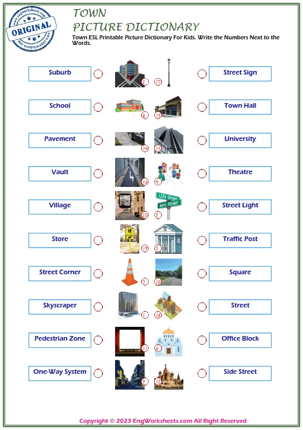 Town ESL Printable Picture Dictionary For Kids. Write the Numbers Next to the Words.