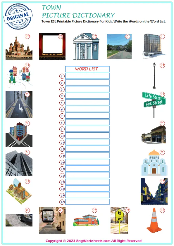 Town ESL Printable Picture Dictionary For Kids. Write the Words on the Word List.