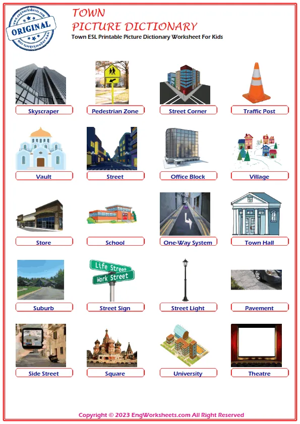 Town ESL Printable Picture Dictionary Worksheet For Kids
