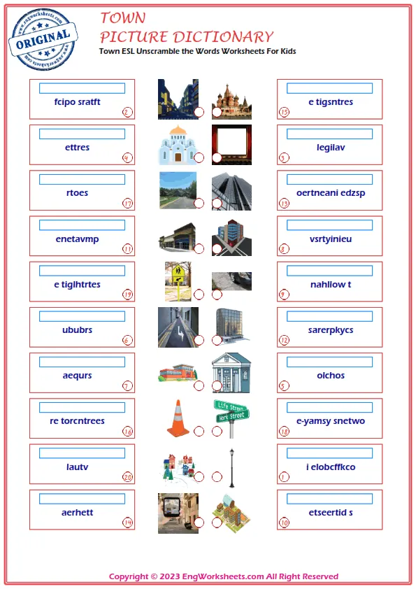 Town ESL Unscramble the Words Worksheets For Kids