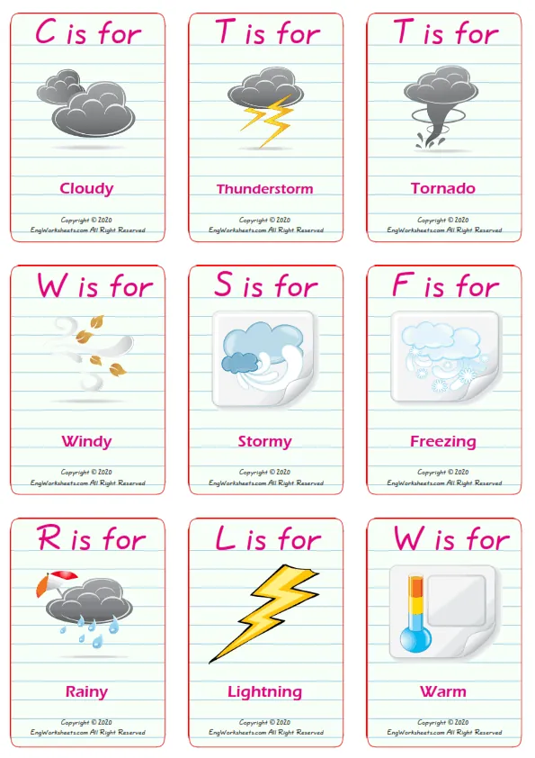 Weather vocabulary worksheet with words, nine images per page