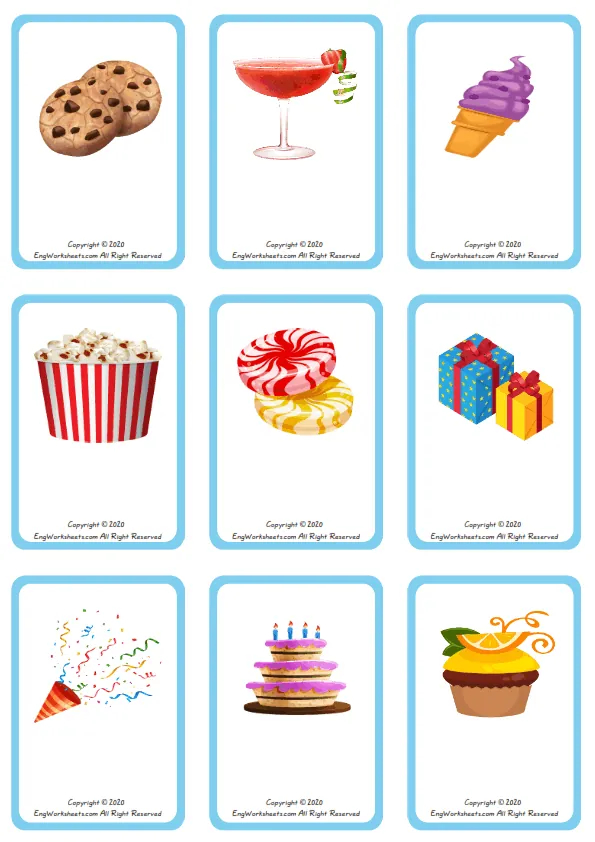 Wordless Birthdays vocabulary worksheet with nine images per page