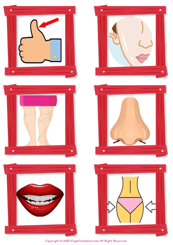 Wordless Body Parts vocabulary worksheet with six images per page