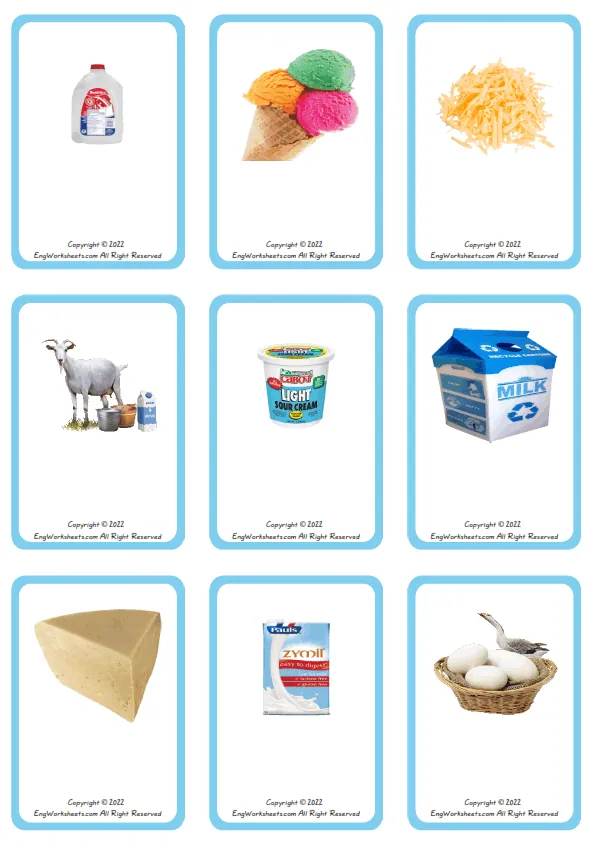 Wordless Dairy Produce vocabulary worksheet with nine images per page