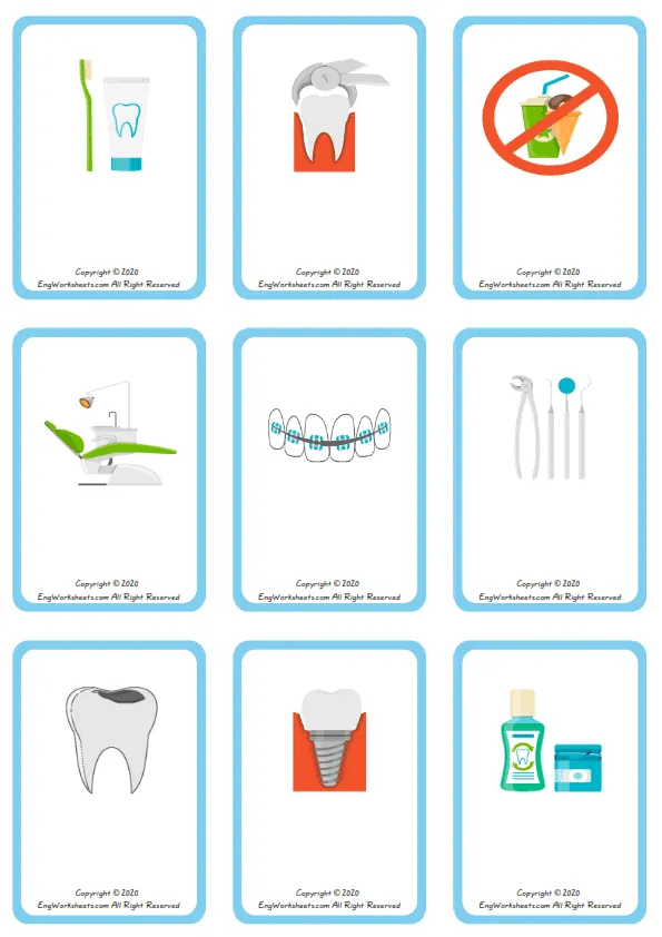 Wordless Dental Care vocabulary worksheet with nine images per page