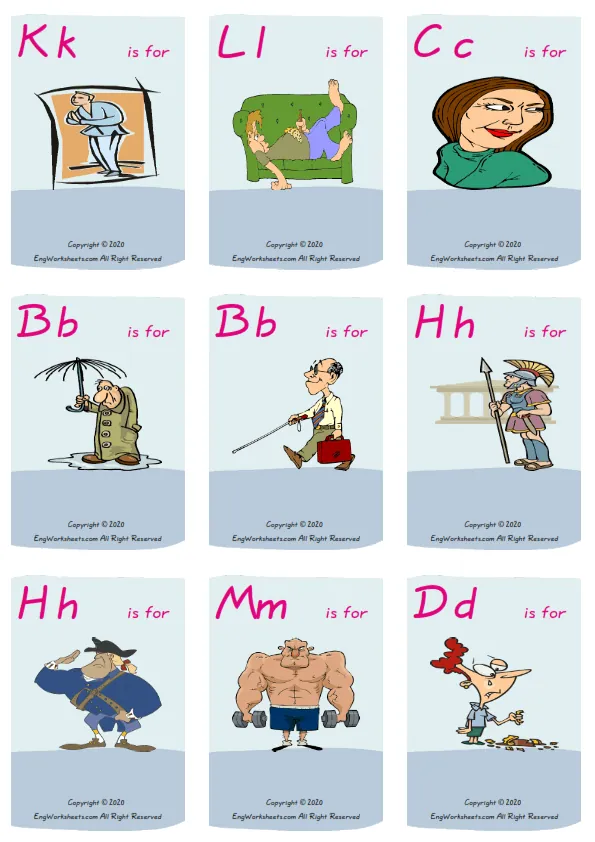 Wordless Describing People vocabulary worksheet with nine images per page