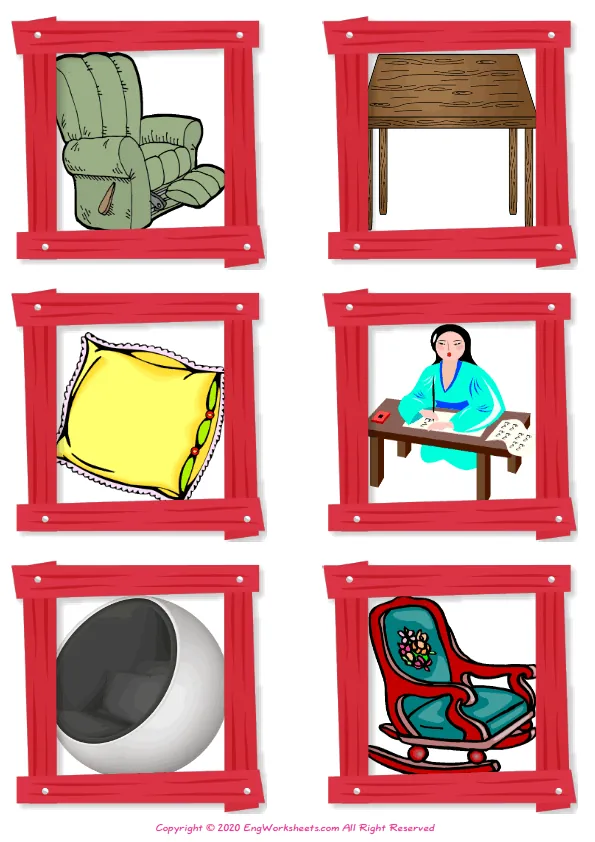 Wordless Furniture vocabulary worksheet with six images per page