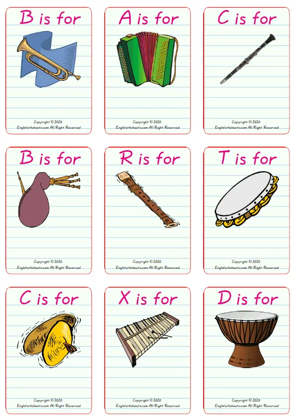 Wordless Musical Instruments vocabulary worksheet with nine images per page